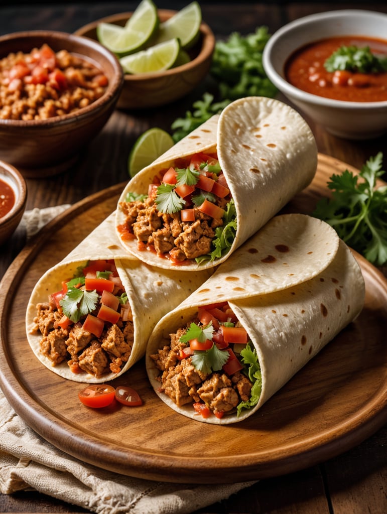 two tacos of (((Ground chicken with sauce))), the recipe is made in a country house, with a view of the mountains of puerto rico, the wraps include ground chicken, diced tomatoes, lettuce cut into strips, on a wooden plate, the table that is made of dark wood, the table is served, in the background you can see people, small jars with red sauces, sharing, taken with a close up lens, 50mm, nikon 35mm (((Ground chicken with sauce)))