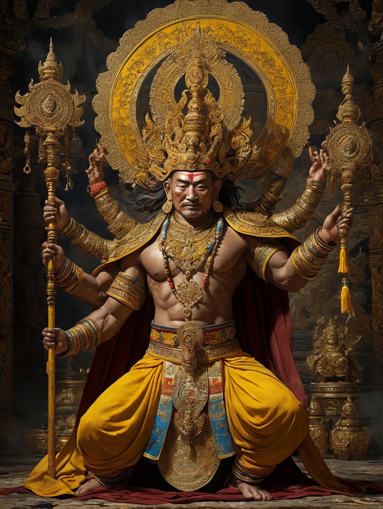 A full body portray of the Tibetan deity the Yellow Jambala, Ever majestic, serene, and bright.