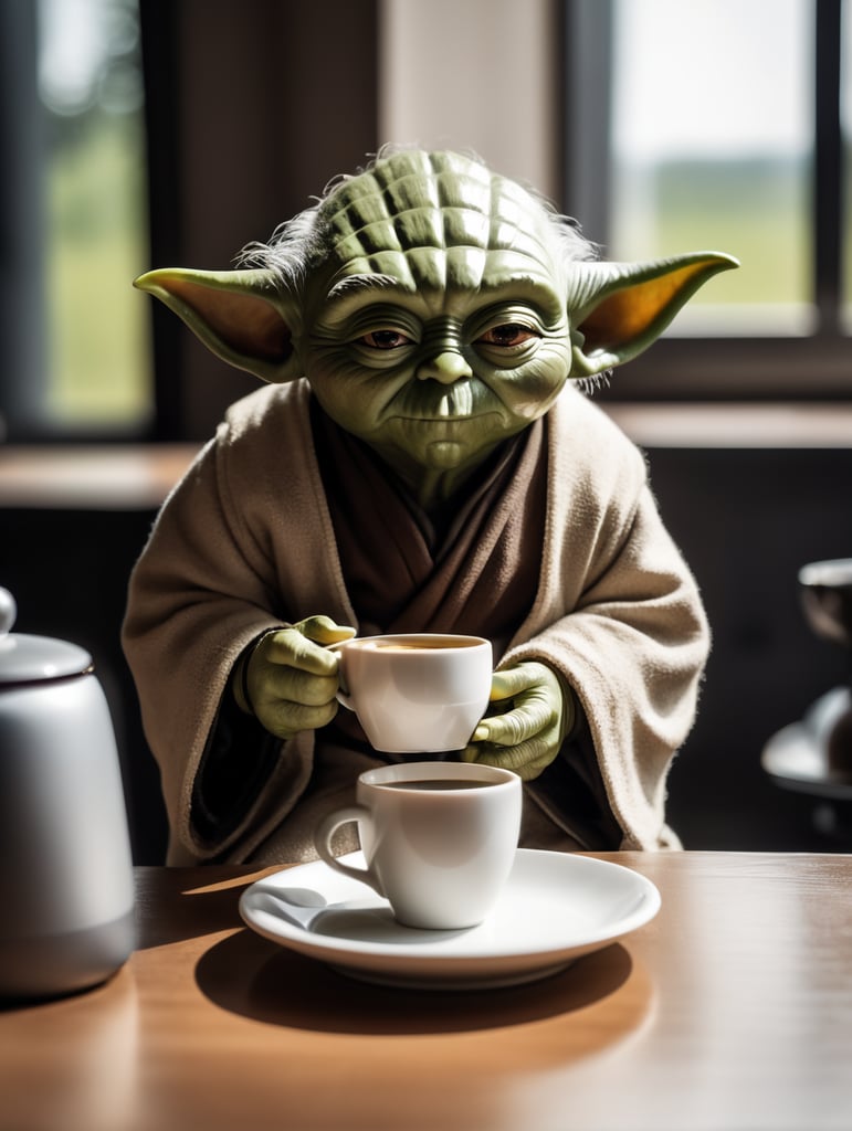 yoda toy drinking coffee on far away planet