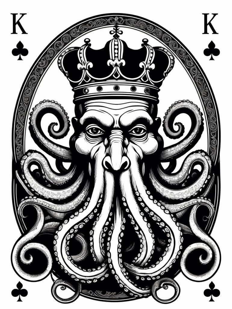 king octopus of clubs playing card, face card, linocut art style, black ink, ultra realism, simple lines, vector