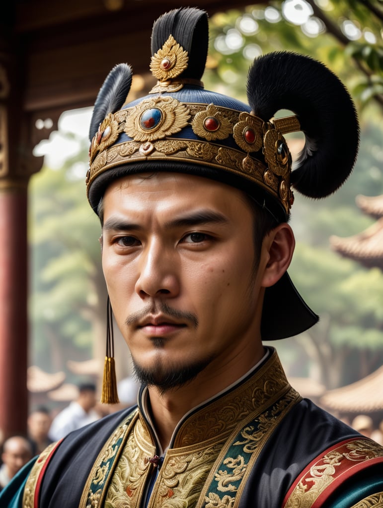 The emperor of the Ming Dynasty (face of a young man) has round eyes, legs crossed, and a Zhuang Yuan hat on his head