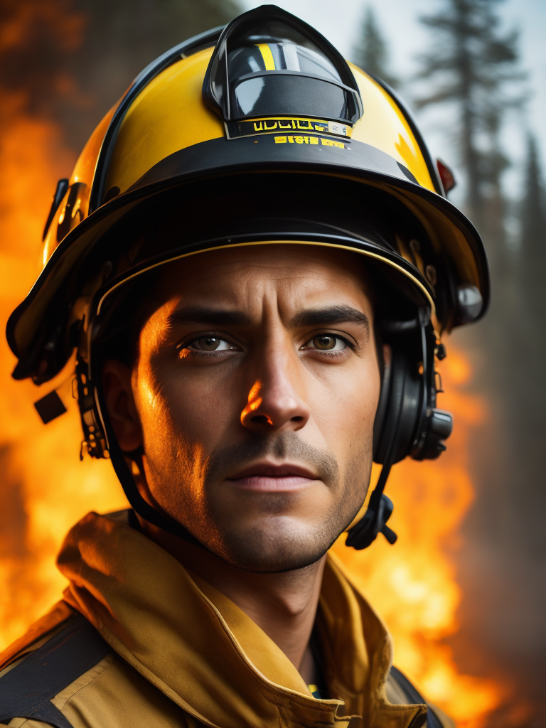 epic portrait of a Firefighter, close-up, forest fire, British Columbia Wildfire, Canada
