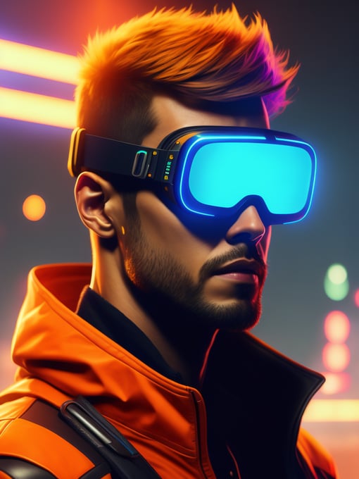 Man wearing virtual reality glasses, cyberpunk style, neon colors, bright colors, bright blue glowing glasses, sharp details, contrasting light