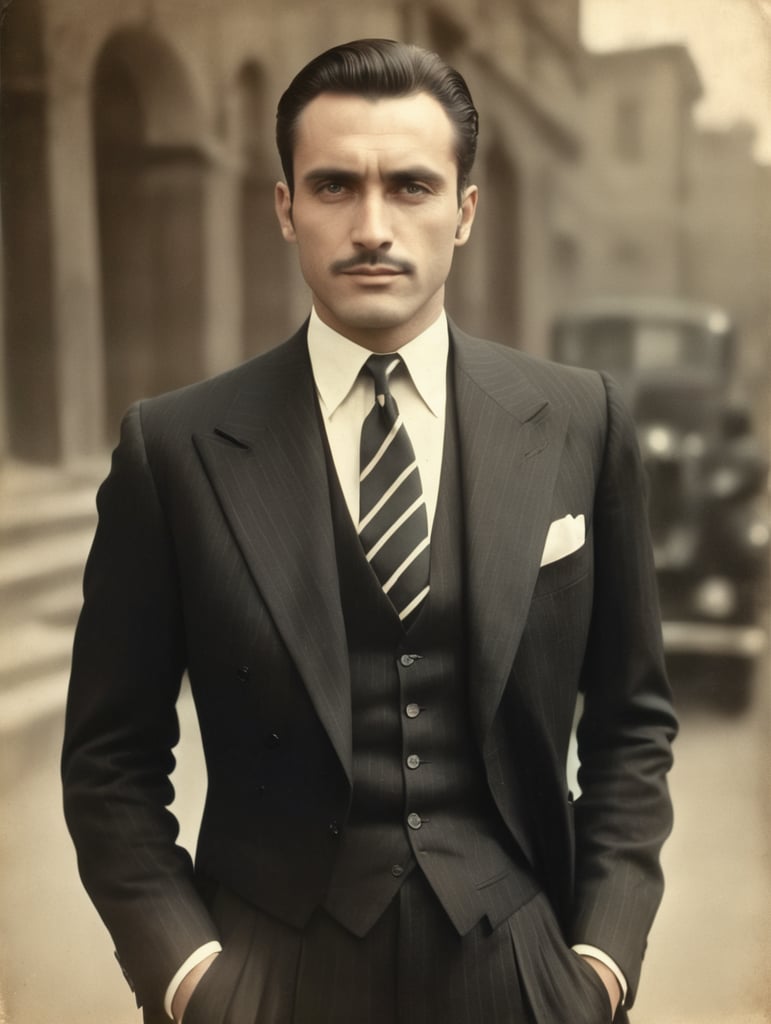 VIntage picture of a man in a black suit and striped tie