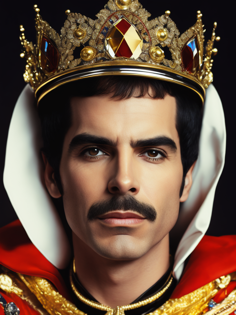 Portrait of Freddie Mercury wearing the Queen's crown, royal mantle, Vivid saturated colors, Contrast light, studio photo, professional photo, Detailed image, detailed face