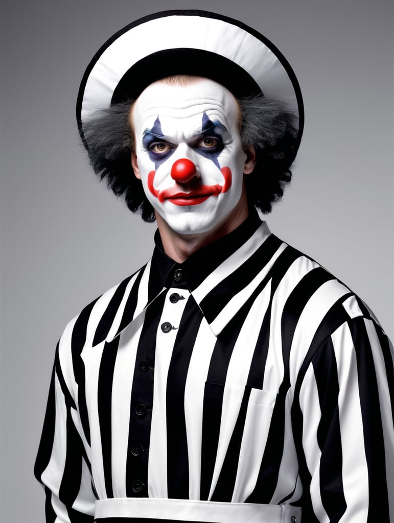 clown in a black and white stripes prison jumpsuit uniform