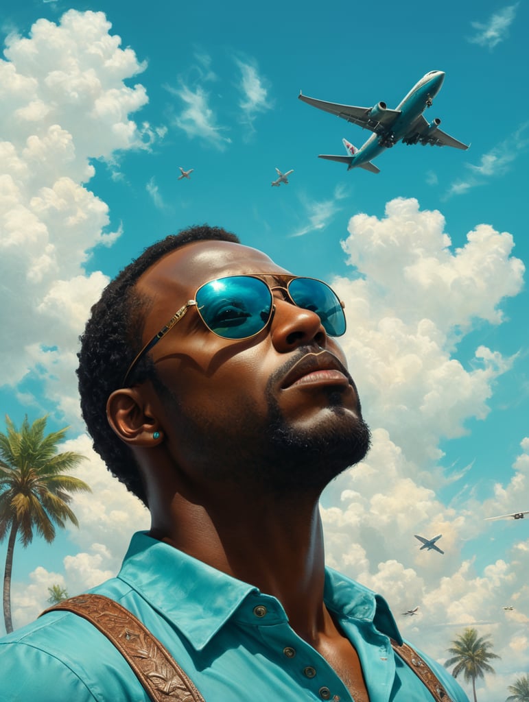 a black man raised his head up, looks at the sky, sunglasses, one airplane flies in a clear sky and leaves a mark, summer, turquoise shades, style of Richard Corben