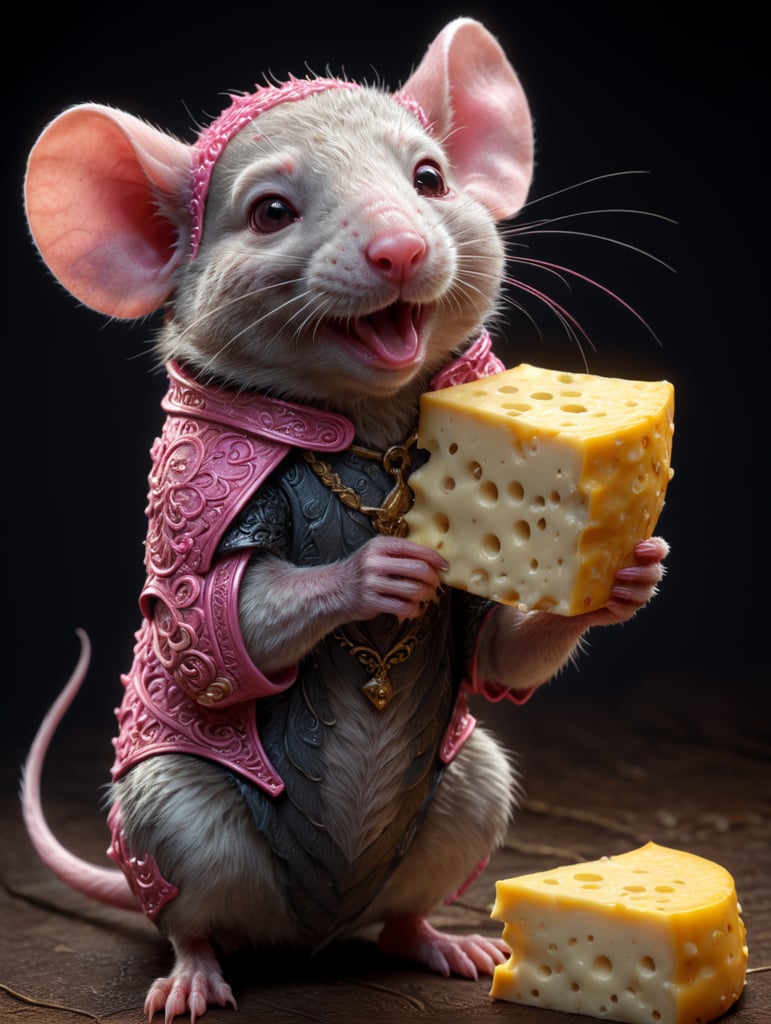 cute pink rat holding a cheese