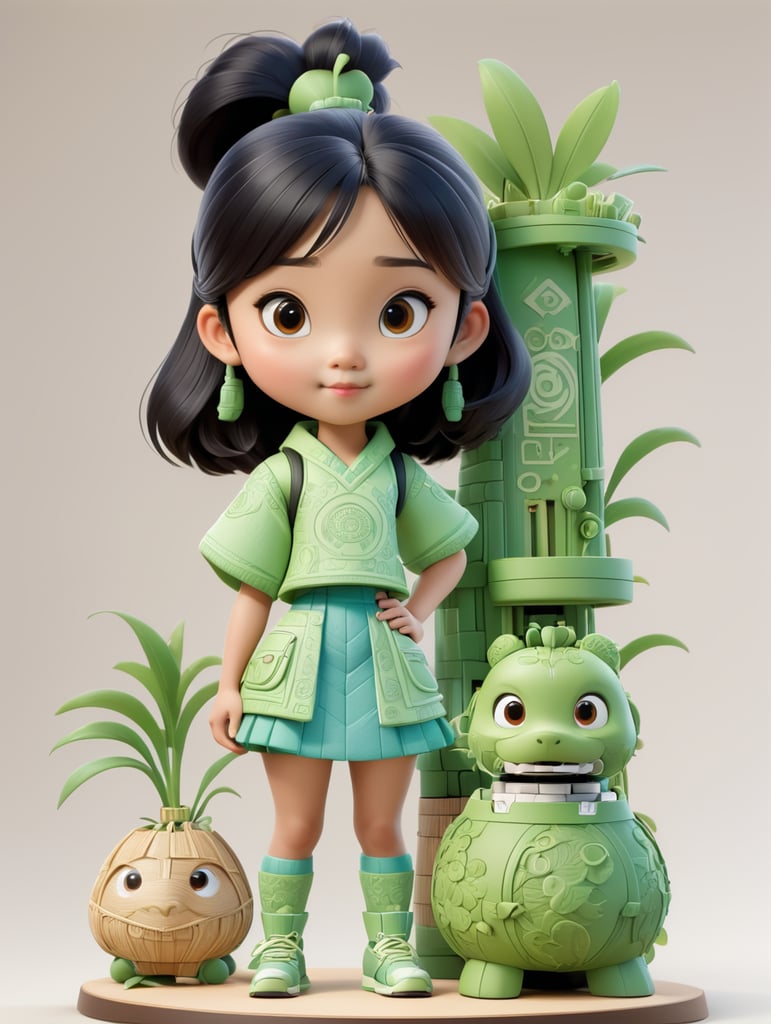 create an ai generated vector image of a very cartooned young Asian girl with a bambu lab 3d printer with no background