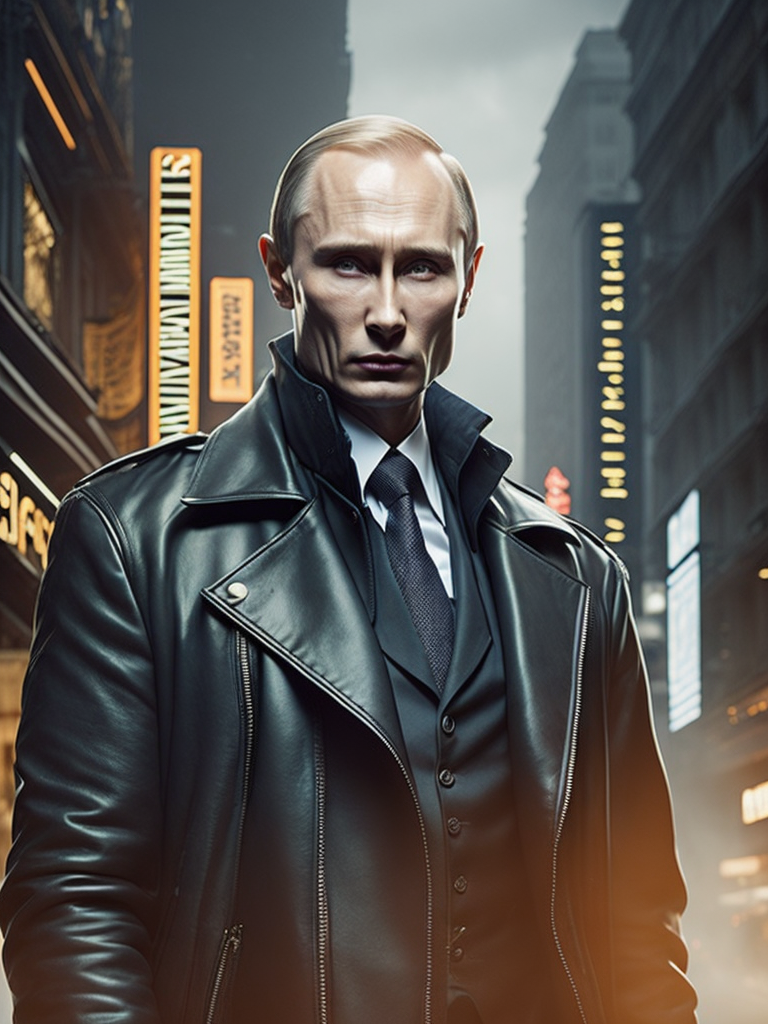 Vladimir Putin as model Balenciaga in a long black leather coat walking down the catwalk, high definition, photography, cinematic, detailed character portrait, detailed and intricate environment, detailed and intricate environment.