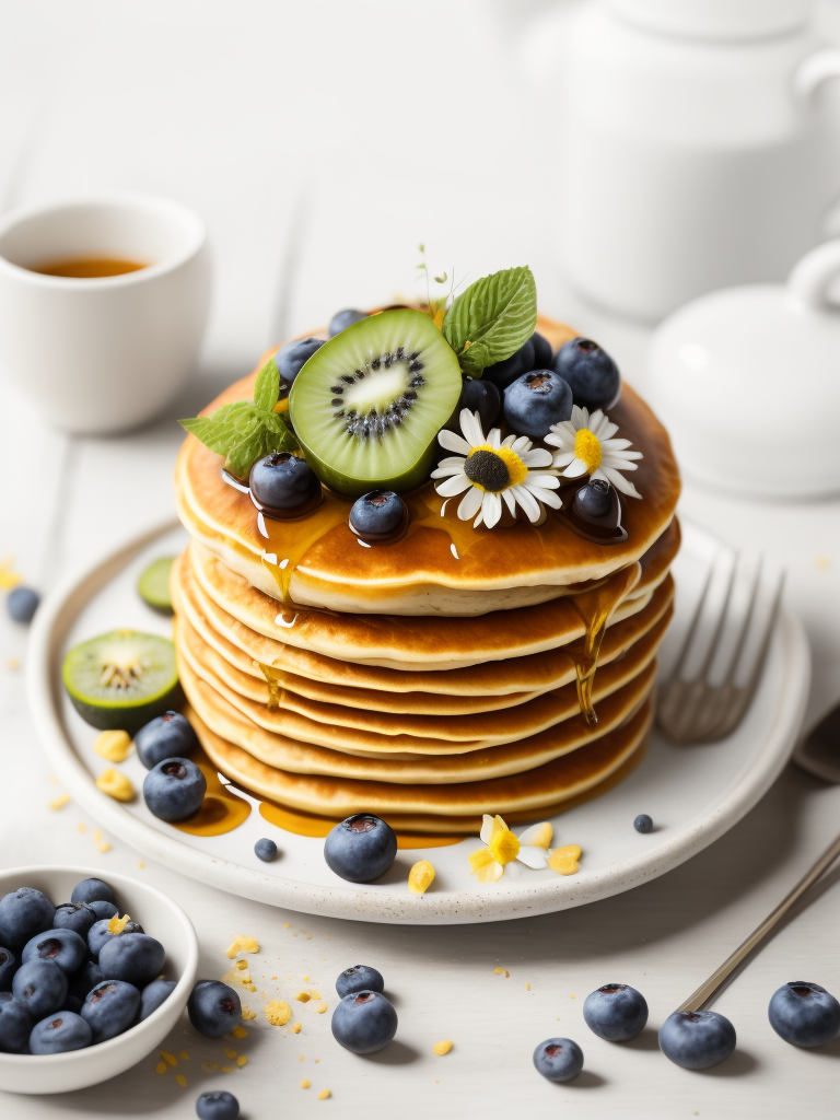 Pancakes with blueberry and kiwi decorated with chamomile flowers, bright atmosphere, Provence, Depth of field, Incredibly high detailed