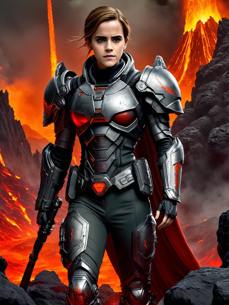 Actress Emma Watson in a costume from the game Doom, against the backdrop of hellish purgatory, lava and monsters