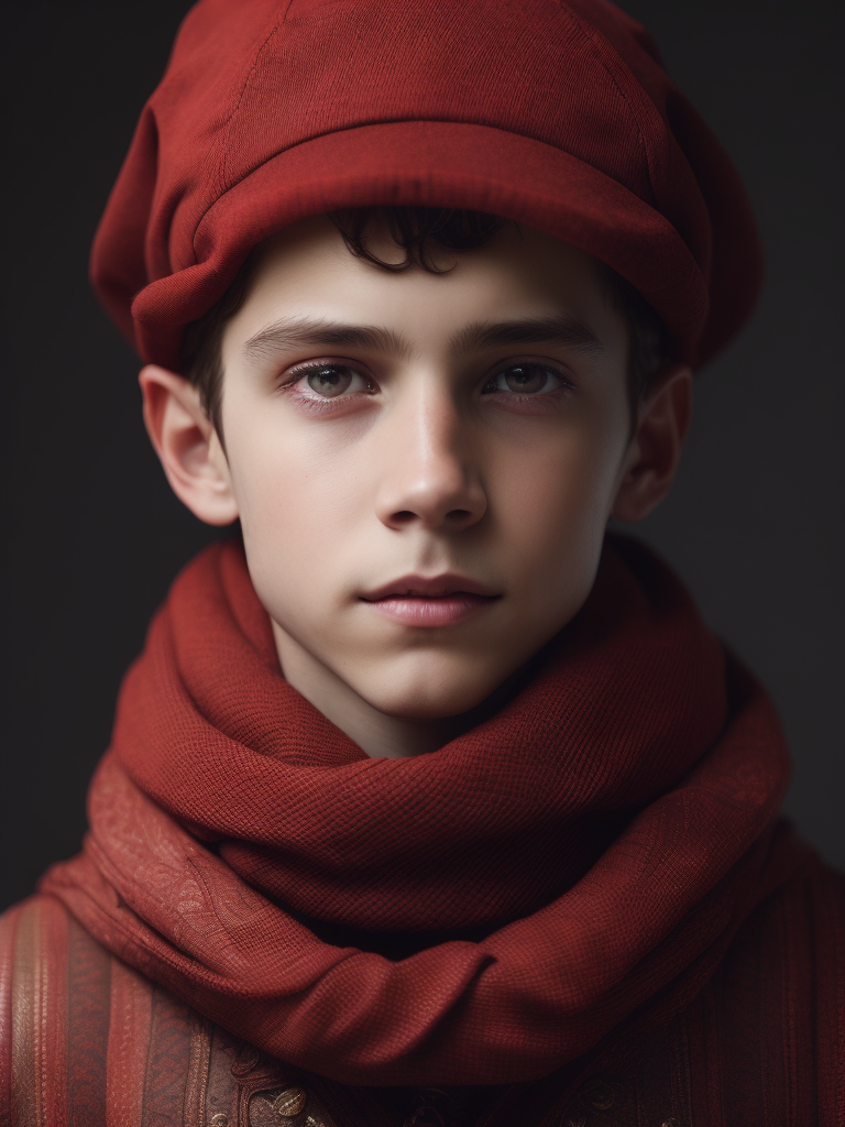 pioneer boy with a red scarf around his neck and a red cap in the style of the artist Jan van Eyck.