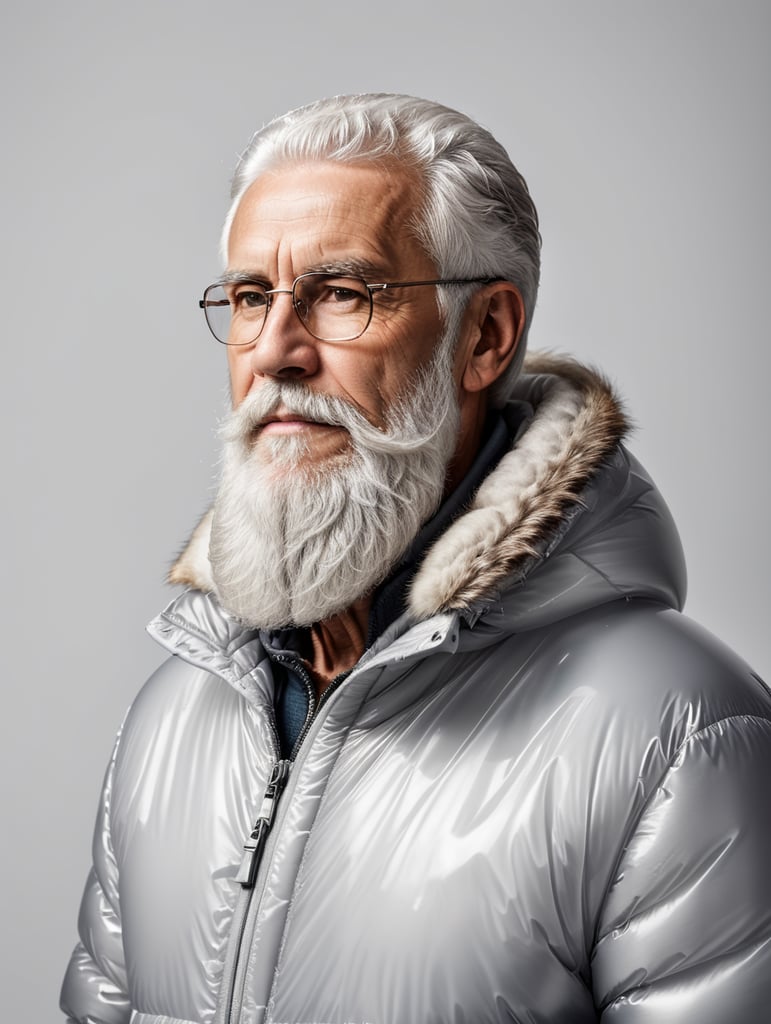 Inflatable white minimalist old man with beard puffer jacket, transparent, isolated, grey background, mockup