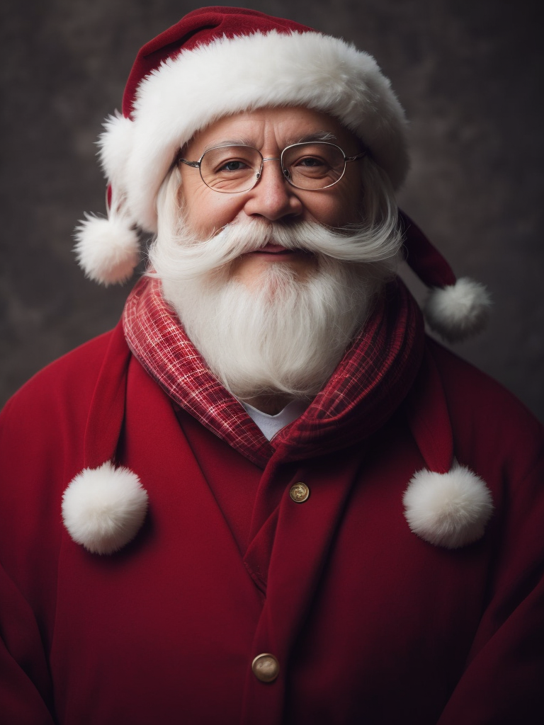 Um Pai Natal encantador de barba branca, gorro e óculos a sorrir e a olhar directamente para a camera. A foto é realista com um estilo vintage e uma luz mágica.