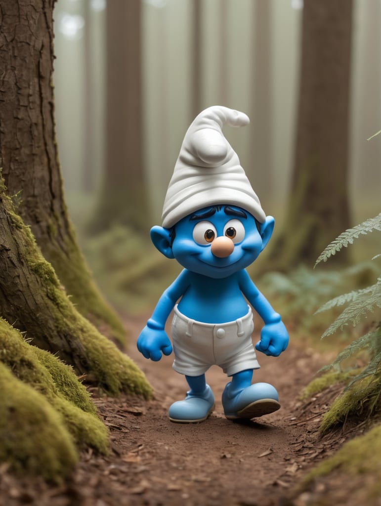 smurf grumpy face walking in beautiful forst