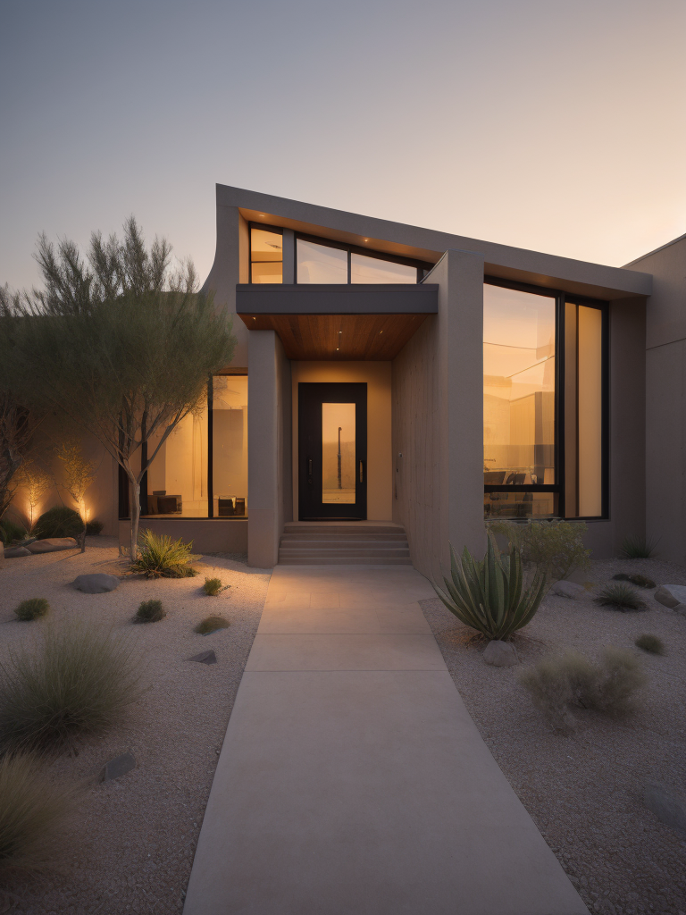 An architectural rendering of a minimal, geometric, curved, sculptural, stucco textured, tan desert abode, sand and clay facade with small carved window openings, wood accents, arched glass door opening, cactus, tumble weed, artificial lighting, desert landscaping, outdoor camp fire, located in Arizona during twilight, hazy horizon