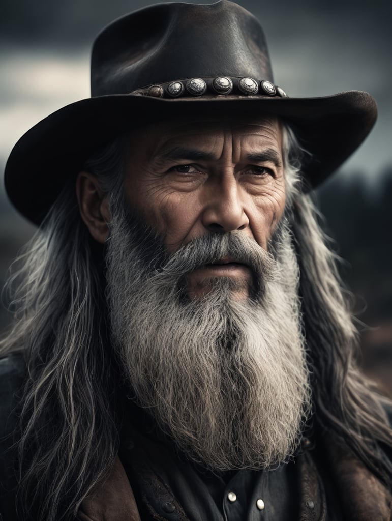 old cowboy with long beard, dark scene, dark atmosphere, epic shot, sharp on details