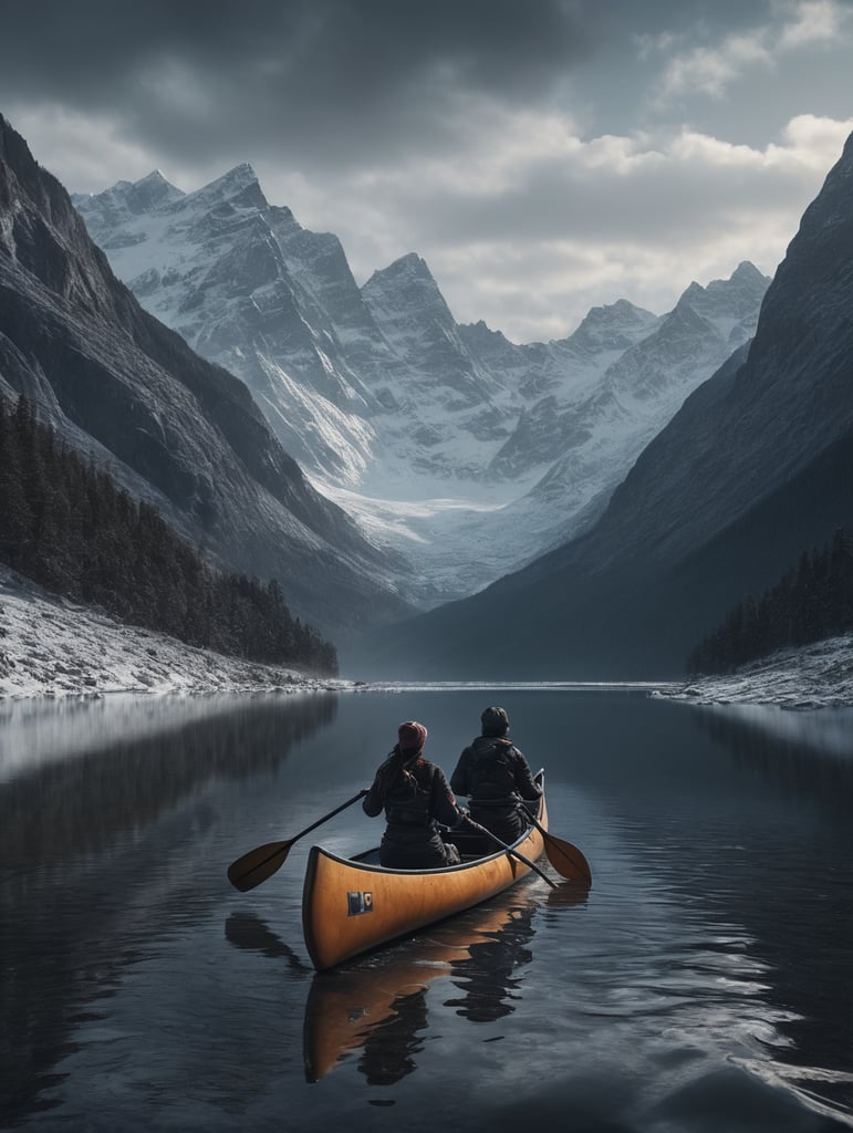 Kvinne i kano som padler kano på snødekt slette mellom høye fjell