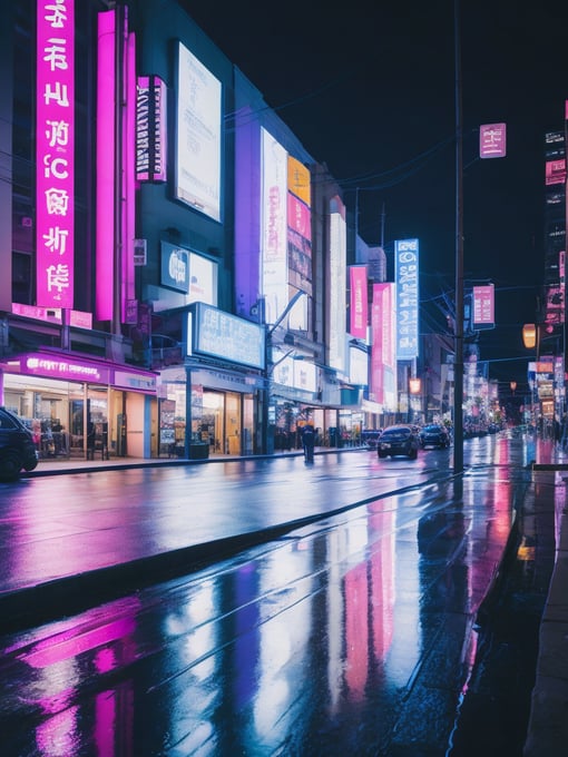 Little Tokyo street at night in neon light, neon advertising, purple-pink-blue tones, puddles on the road, incredible details, sharp focus