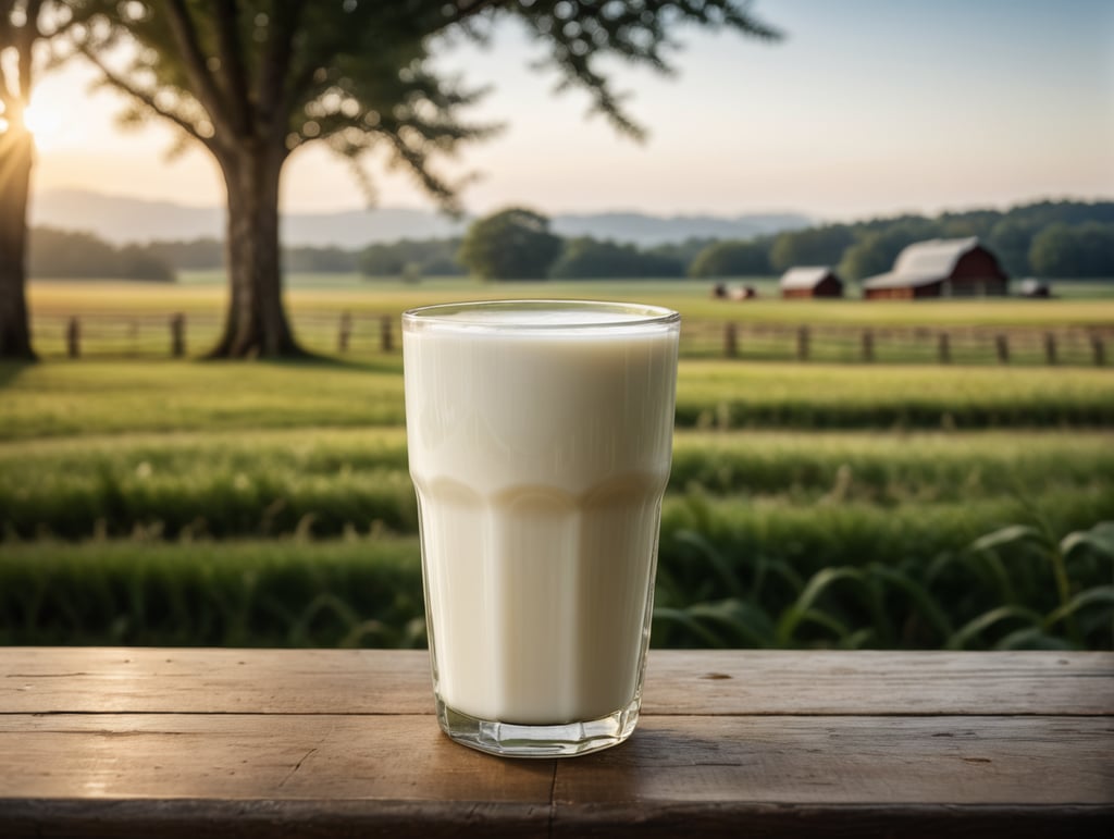 A mockup of a glass of milk, farm blurred background