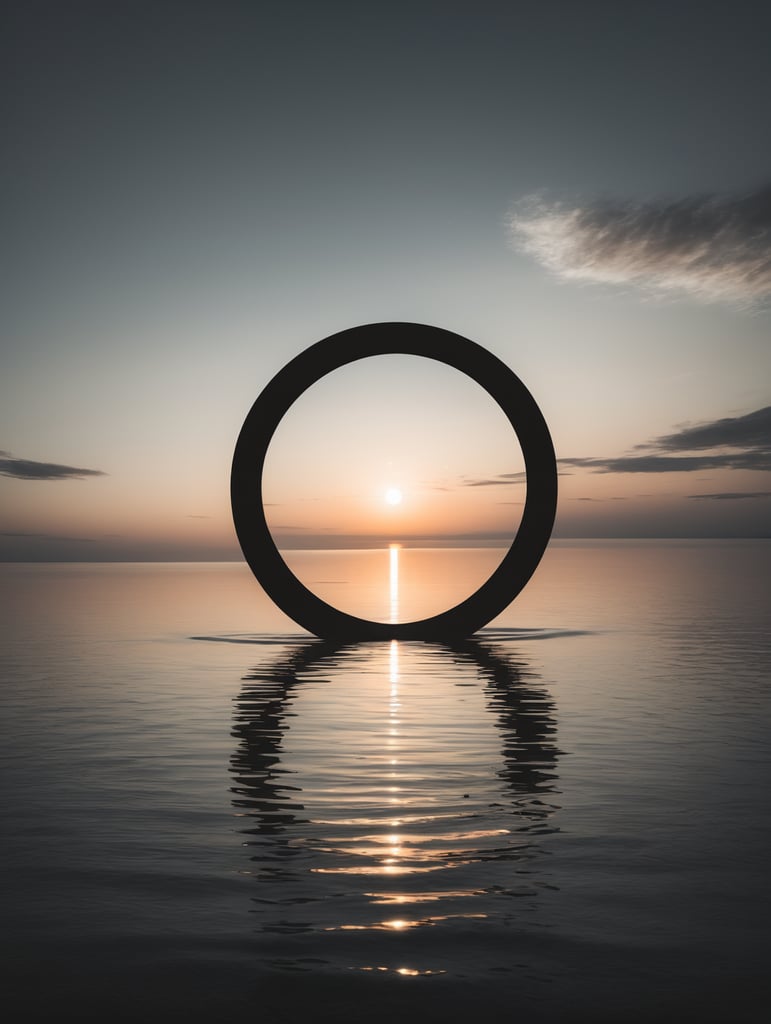 minimal, simple black circle floating above the water, just the horizon on the background