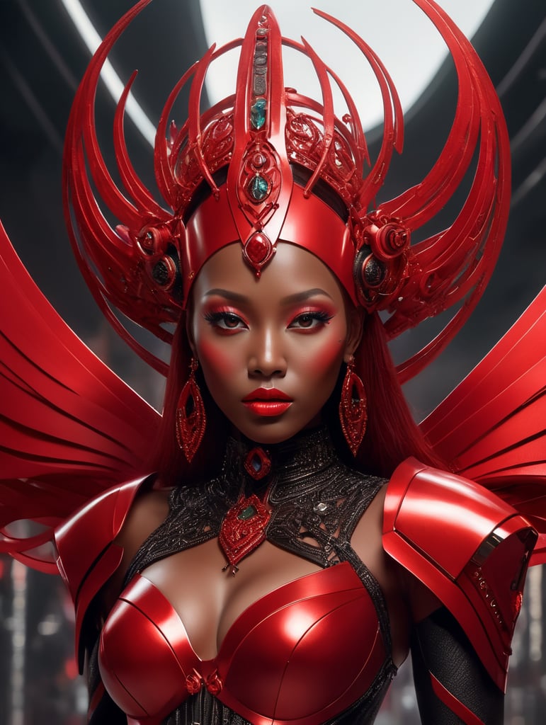 A dark skin black female kpop idol in a all red sleek futuristic outfit, with huge headpiece center piece, clean makeup with oversized red hair, with depth of field, fantastical edgy and regal themed outfit, captured in vivid colors, embodying the essence of fantasy, minimalist