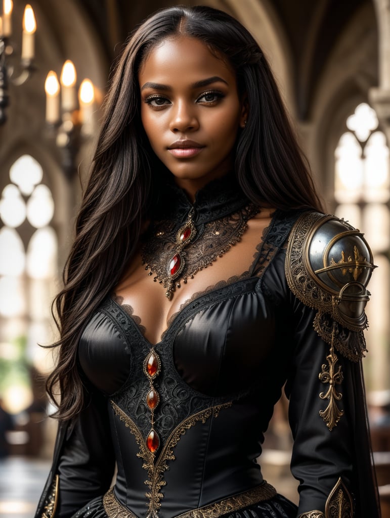 uma linda garota negra, ela veste uma linda roupa estilo catolica e gotica , ela tem cabelos muito longos, pretos e lisos foto hiper realista e detalhada