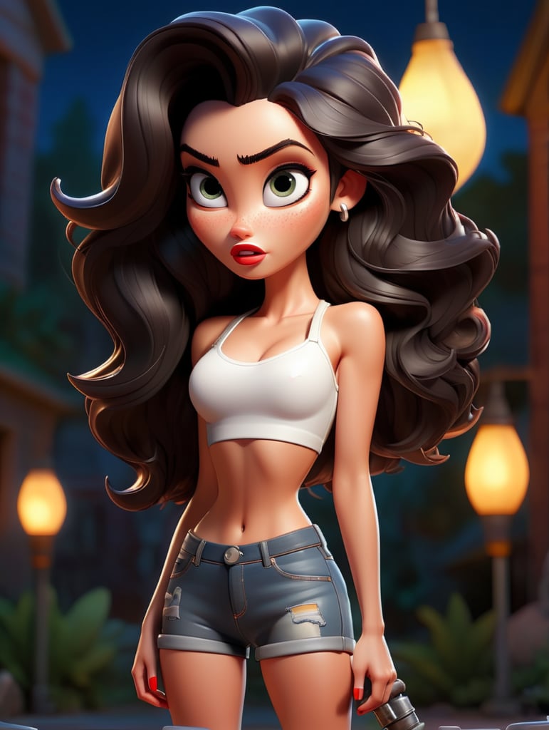 full body shot, pin up poster of Megan Fox dressed in a white crop-top and tight denim torn shorts, holding a gas nozzle, looking into the camera, night shot lighting, highly detailed, art by by Mike Allred
