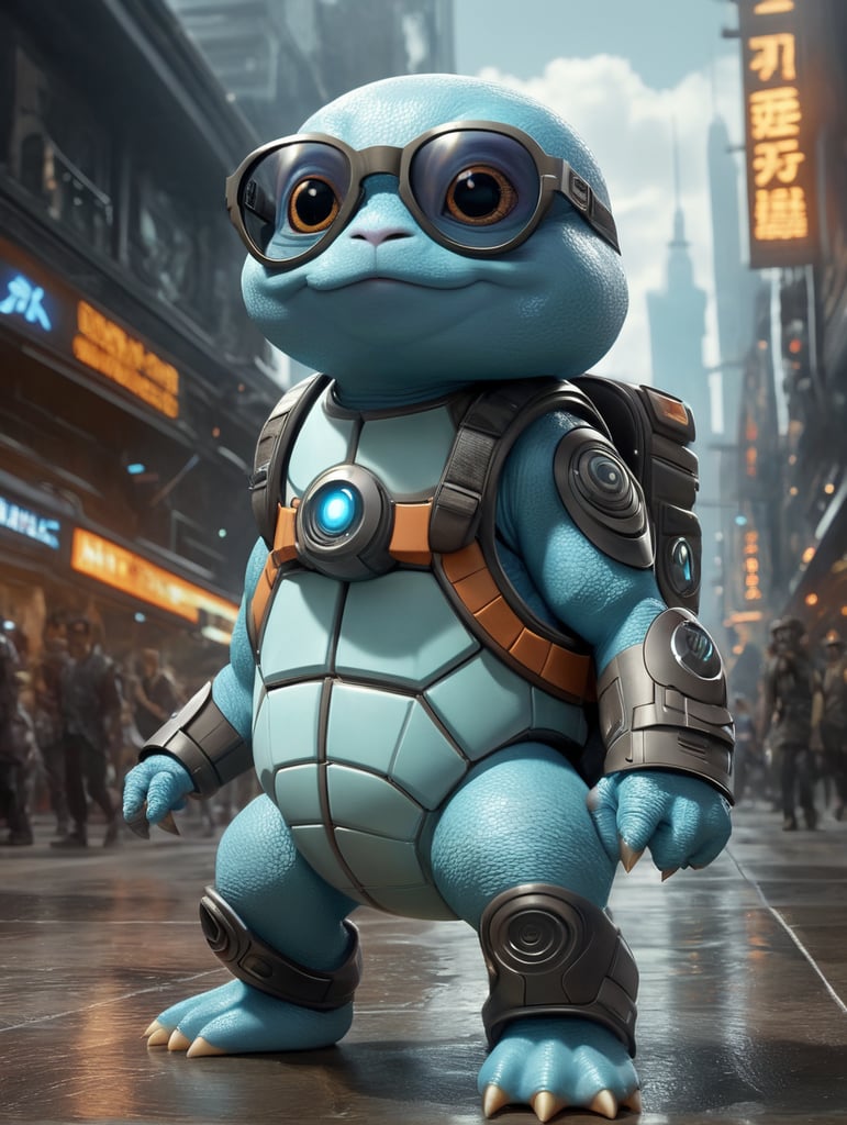 cute stylish squirtle dressed in stylish futuristic sportswear clothes, big sneakers and a futuristic glasses