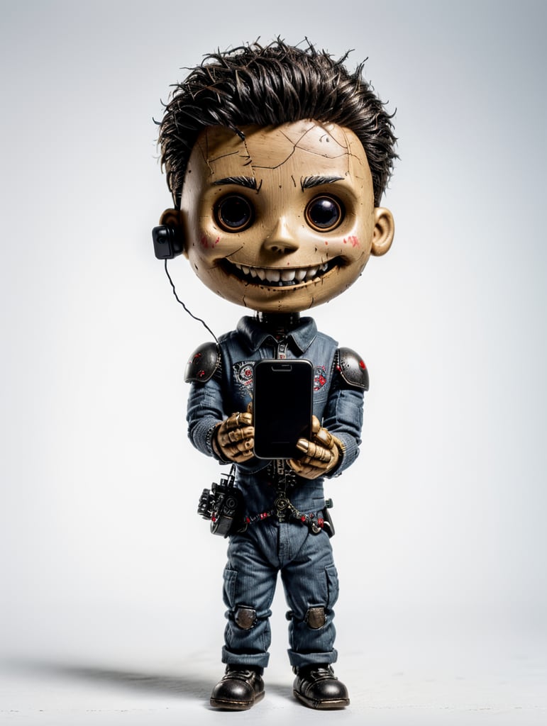 white background voodoo doll basic pins stitched (man) happy sorrindo com celular na mão