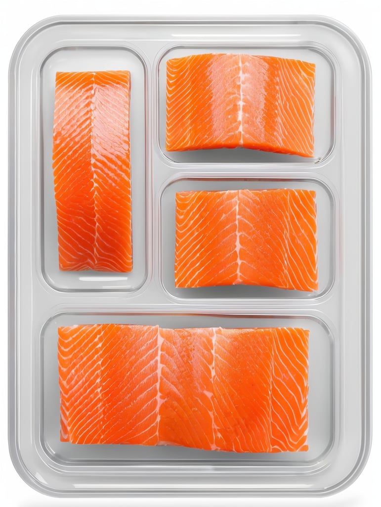 ready for cooking slices of a salmon in a transparent plastic tray, top view, isolated, mockup