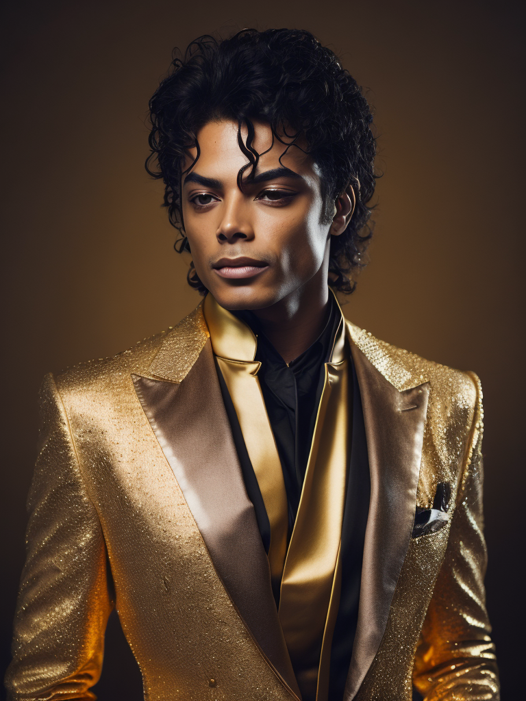 Portrait of Michael Jackson dressed in golden chrome suit, dark gradient background, Vivid saturated colors, Contrast light, studio photo, professional photo, Detailed image, detailed face