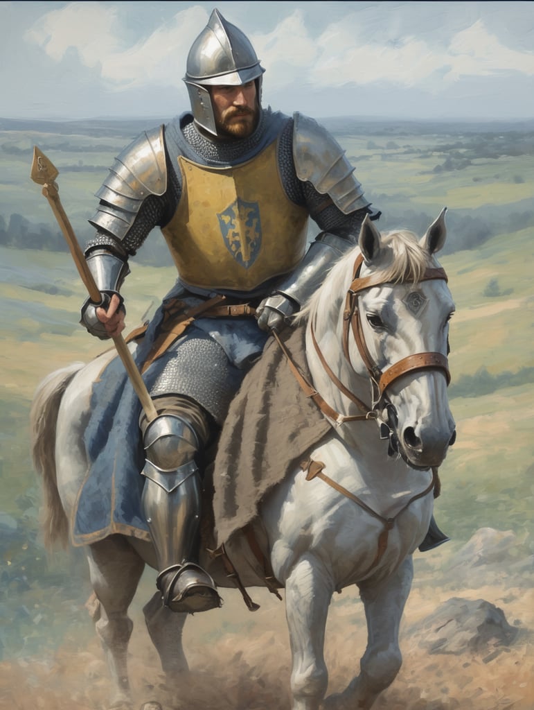 a painting of a medieval knight in a hand-drawn impressionism style similar to settlers of catan