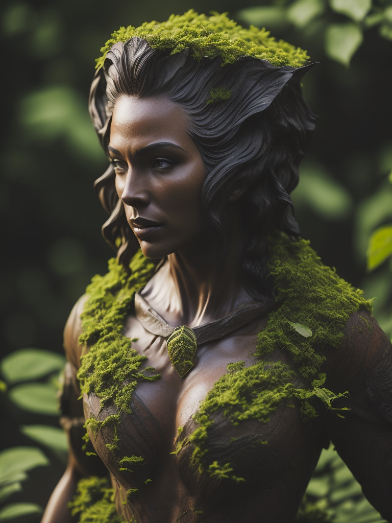 Ultrafine rock statue of a female pan, with leaves on it's hair, moss, wood, sharp details, fire flyes around,god of nature, inspired by Poison Ivy from Batman, inspired by swamp thing.