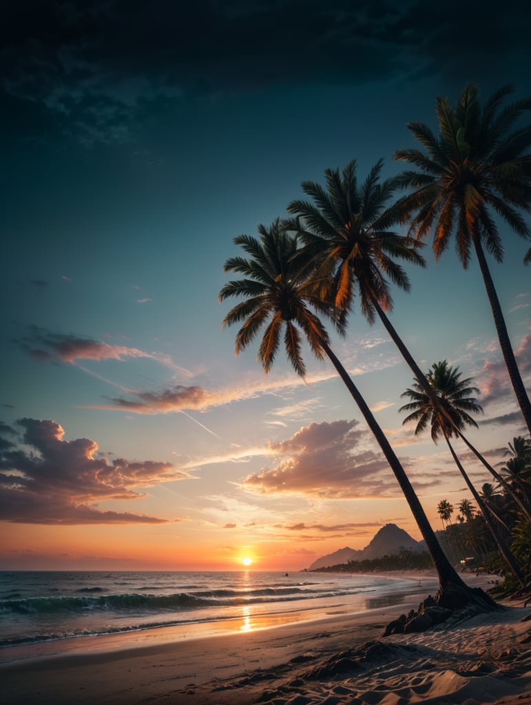 a beach with an unsharp background with sunset vibrant colors nature art scenic horizon skyline views artistic beauty colorful scenery nature photography sunset inspiration. A palm tree on the left side of the screen covering 1 3 of the screeen