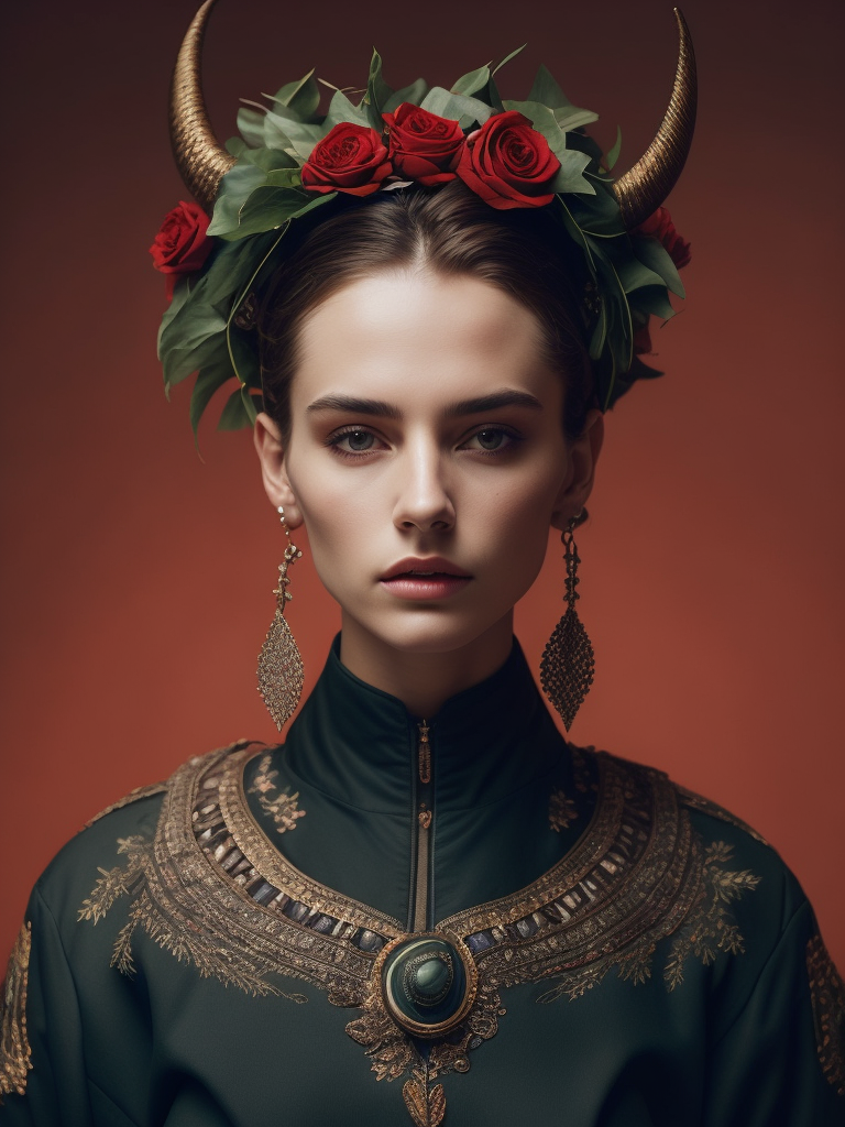 a girl wears a headdress with horns on it, in the style of hyperrealistic wildlife portraits, dark green and red, sofonisba anguissola, bess hamiti, medieval art, naturalistic depictions of flora and fauna, glen orbik