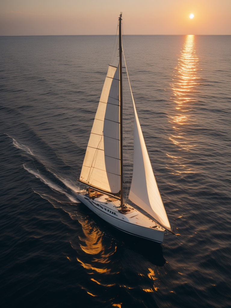 A white sailboat in the sea, sunset, photorealistic, high detail, landscape, contrast light, Bright and saturated colors