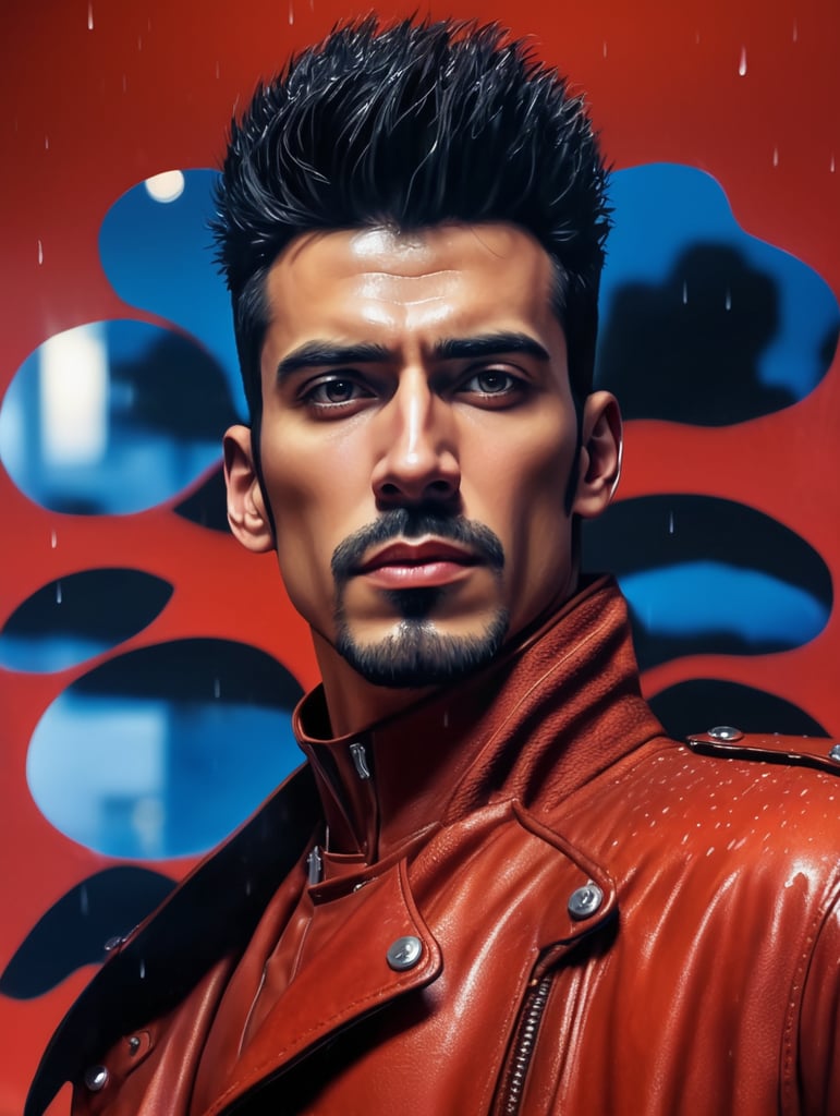 man in leather clothes, walking in a city, cold night, with rain, realism, photo realistic image, lots of real details