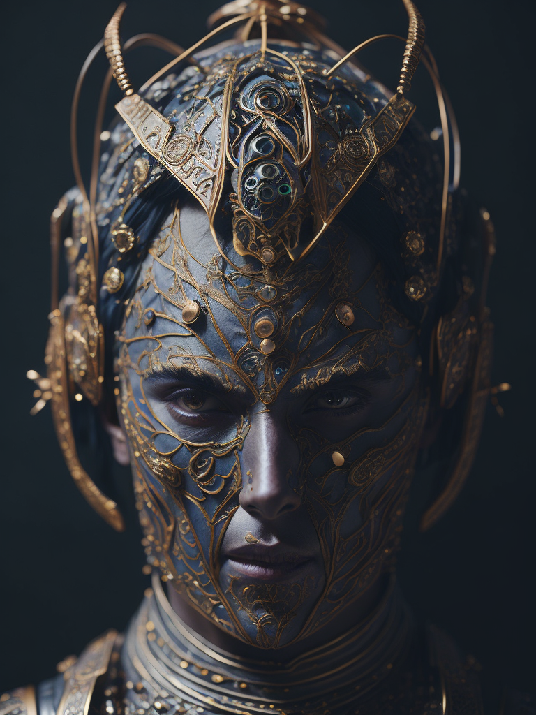 Masterpiece sculpture of an ornate bejeweled mechanical robot samurai , by annie swynnerton and diego rivera and nicholas roerich and jean delville, symbolist, dramatic lighting, god rays, elaborate geometric ornament, art brut, rich colors, smooth, sharp focus, extremely detailed