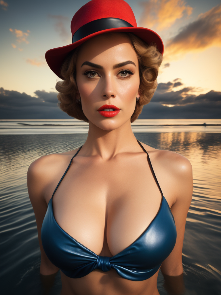 A 1950s pin-up girl style, beautiful super model face symmetrical, cinematic shot, dramatic, dramatic lighting, beach babe, complete figure standing in water, colourful hat, hourglass figure
