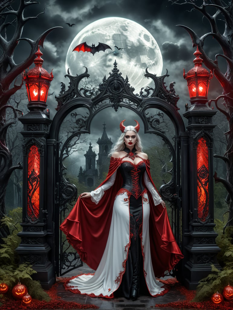 a witch & warlock rococo style dressed in red black white full body shot , the which has neon glowing eyes and she looks at her likeness into the magical chroma reflection mirrora mysterious haunted gate with bat ornaments to the graveyard standing tall in the distance, surrounded by a dense forest of creepy trees, bats in the air. The moon is partially obscured by dark, ominous clouds, casting an eerie glow over the scene, ultrarealistic in front , hyperdetailed fantasy photo with breathtaking intricate details, by WETA FX and industrial light and magic, intricate elaborate RTX enhanced CGI render by artist "american romanticism" -dramatic "film noir"" surreal dark black hues, surreal bright black colours , surreal dark white background,