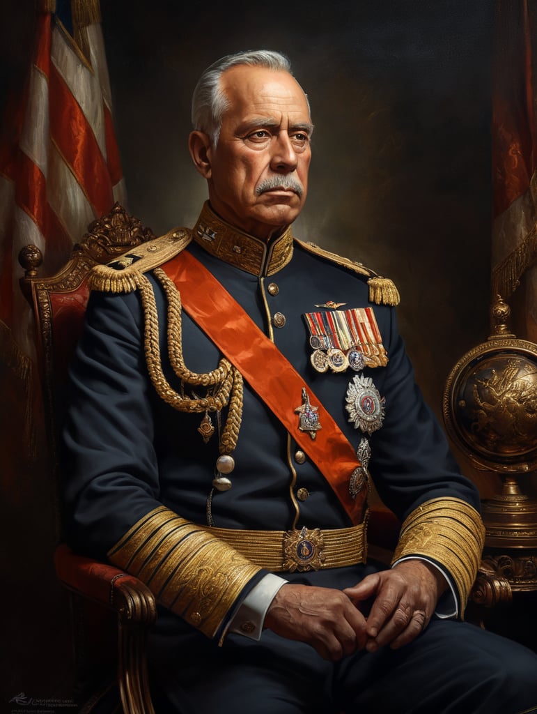 Classical portrait of royalty in uniform. Dramatic lighting. Oil paint texture, high quality.