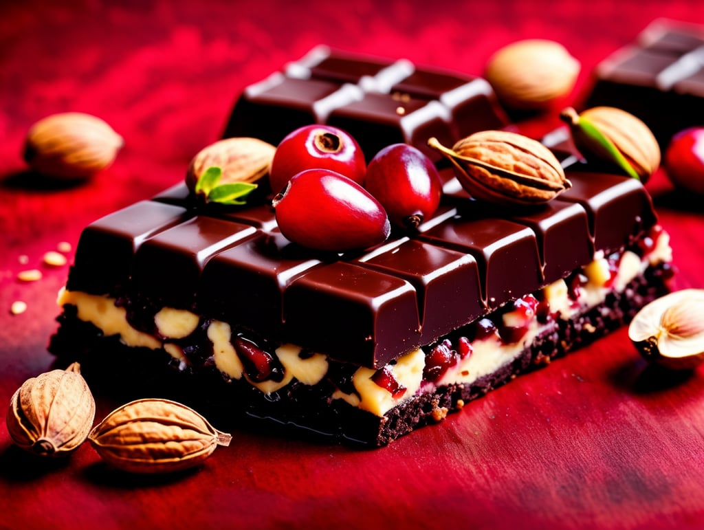Dark Chocolate bar with Nuts and red Dried Cranberries brilliant colors nutty goodness food photography gourmet dessert chocolaty indulgence insta foodie delicious delights christmas red background tempting dessert food art