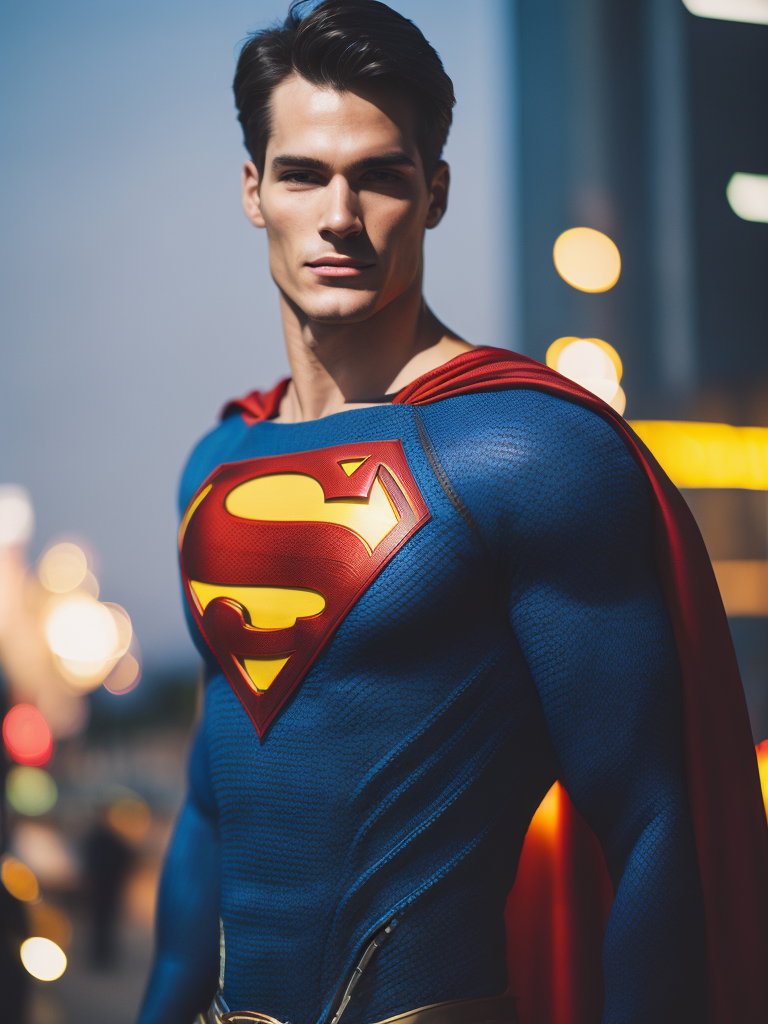 Portrait of a superman in a knitted suit, a blue suit with a red and yellow superman logo on the chest, a city in the background, a blurred background, professional shot, bright saturated colors, sharp focus, highly detailed