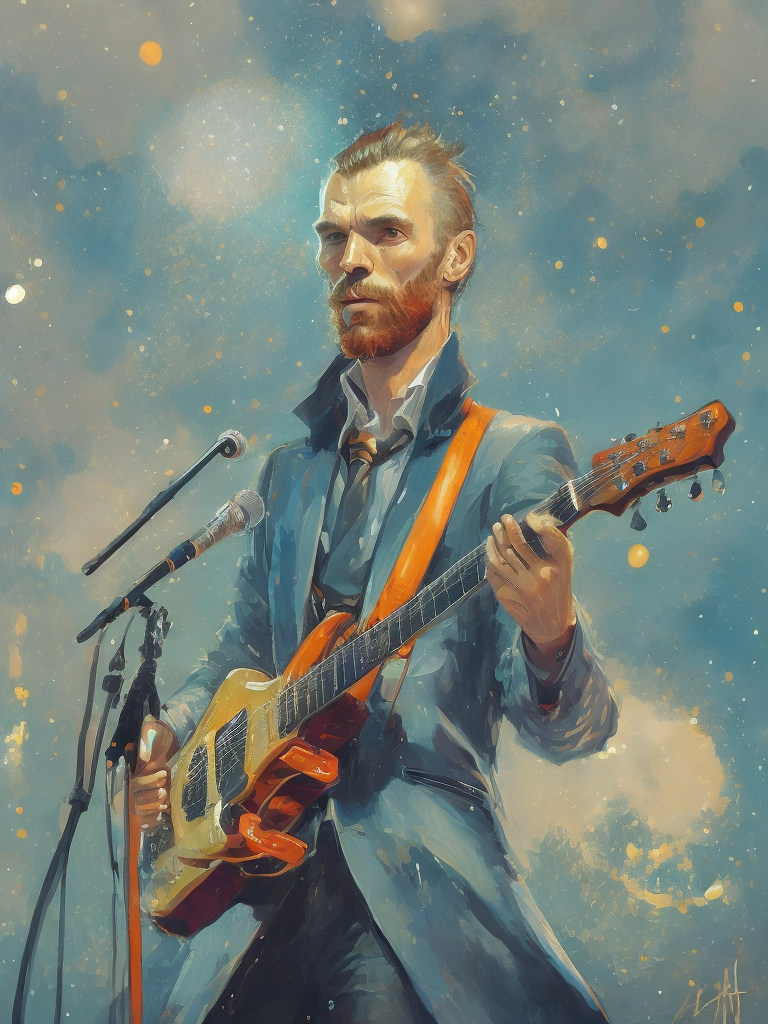 Rock star vincent van gogh on stage with his band at a big festival under Starry Night, oil painting van gogh style, big brush strokes