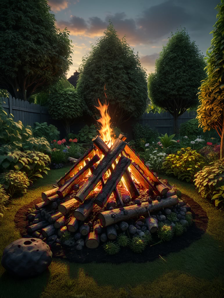 Side view of a small unlit bonfire in a garden, without flames or smoke