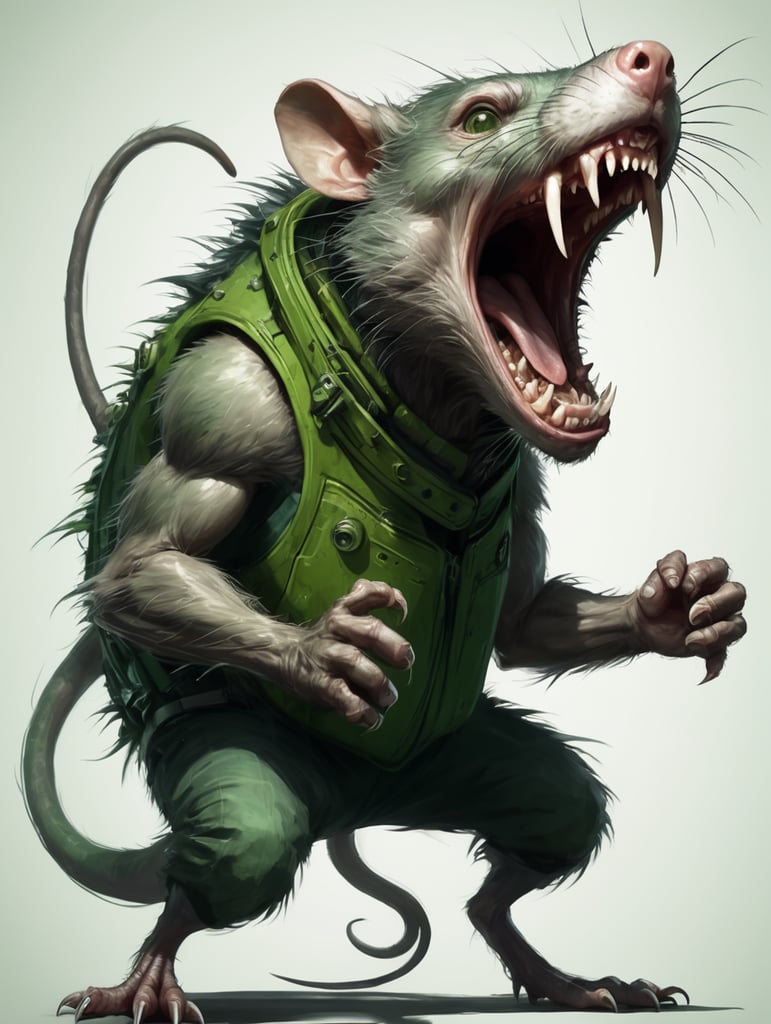 a huge evolved mutant rat screaming,horror theme, green theme , 2d game art,sketch art