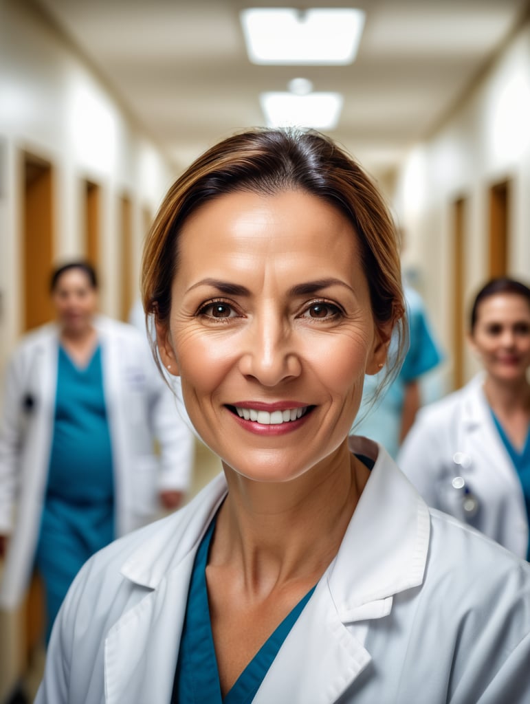 a 40-year-old female doctor, happily married, with an aged face, in a dirty white coat, unmotivated, working night shifts in a crowded hospital corridor, with many patients and nurses along the corridor