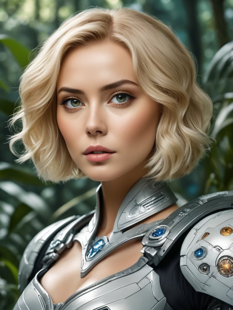 ultra hyper realistic ultra, perfect, perfectly shaved visible clearly, dc movie style photo ((by Serhii Boiko, by La Caste des Méta-Barons, by Alejandro Jodorowsky, Juan Gimenez)) hyper realistic photo, ultra real beautiful fresh Galaxian Princess with massive swords, beautiful perfect detailed luxury face, inked, shaded, stunning detailed eyes, super model figure, lovely cute perfect blonde photo, in spaceship fresh floral garden, futuristic romantic sci-fi style, super shading, soft lights, super symmetrical anatomy, messy bob hairstyle, tropical forest background, spaceship